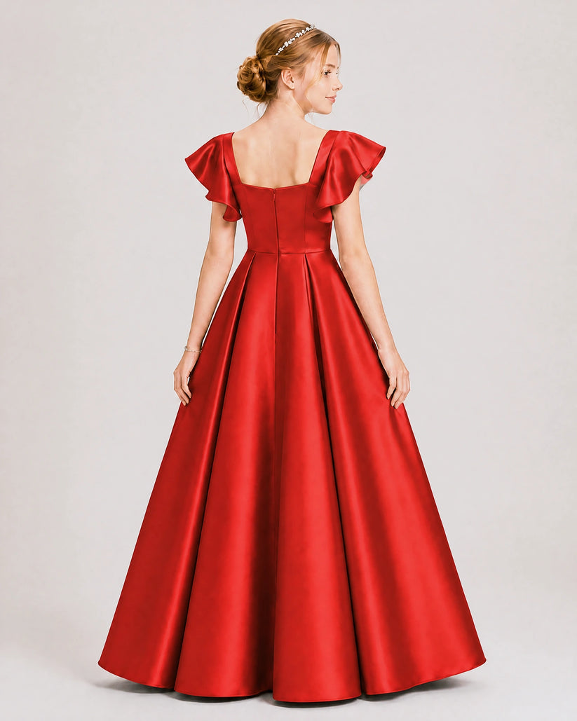 Red Satin A-line Junior Bridesmaid Dress Back View