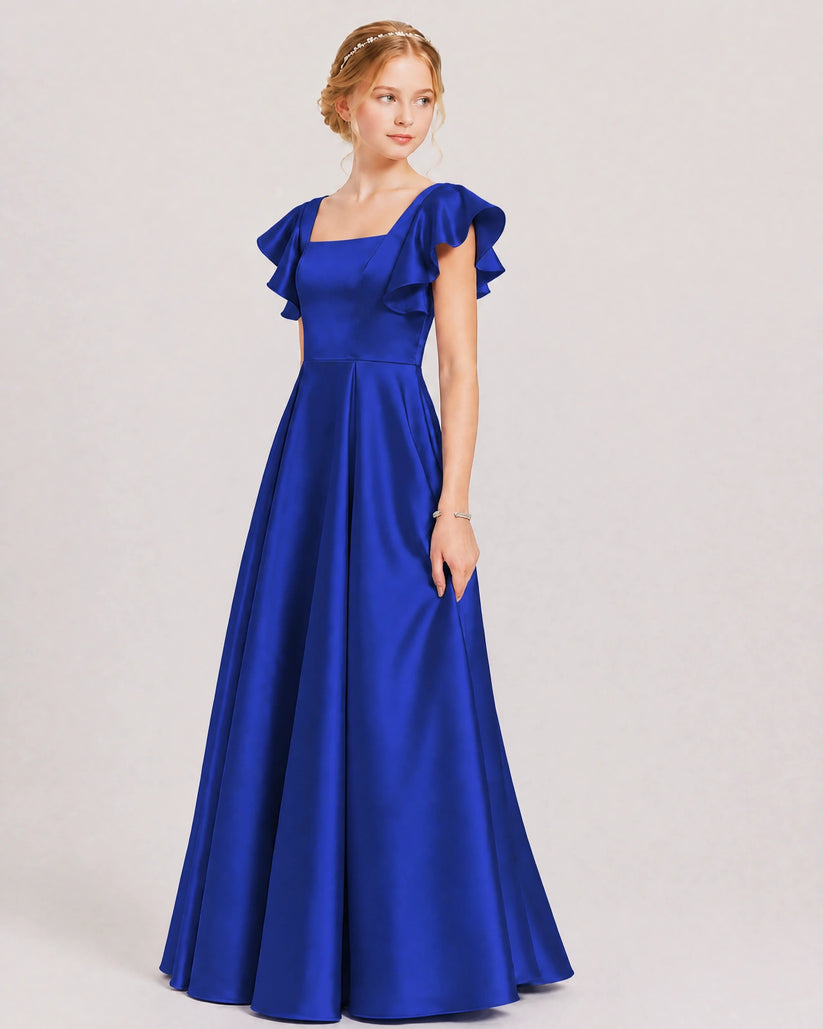 Royal Blue Satin A-line Junior Bridesmaid Dress Front View