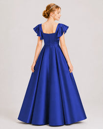 Dideyttawl Sage Green Junior Bridesmaid Satin Dress Ruffle Sleeve Ball Gown