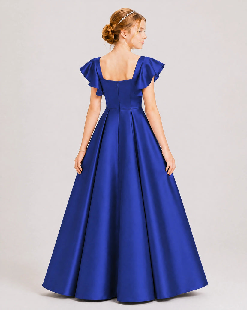 Royal Blue Satin A-line Junior Bridesmaid Dress Back View