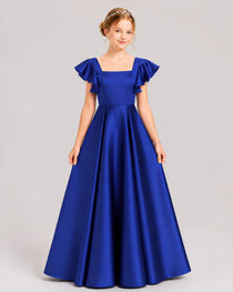 Dideyttawl Sage Green Junior Bridesmaid Satin Dress Ruffle Sleeve Ball Gown