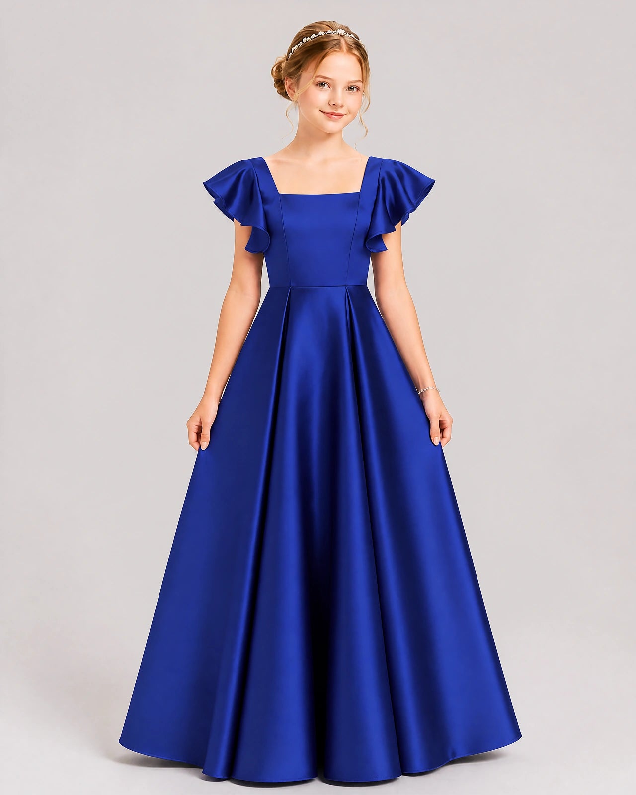 Dideyttawl Sage Green Junior Bridesmaid Satin Dress Ruffle Sleeve Ball Gown