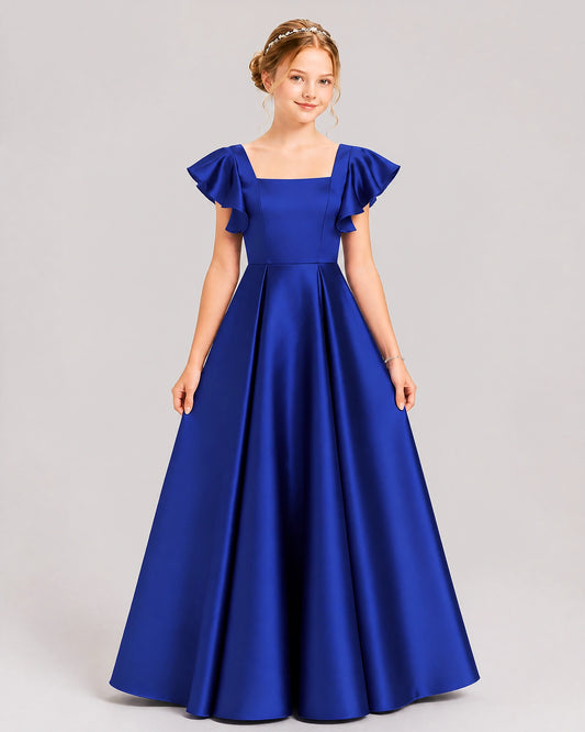 Royal Blue Satin A-line Junior Bridesmaid Dress Front View