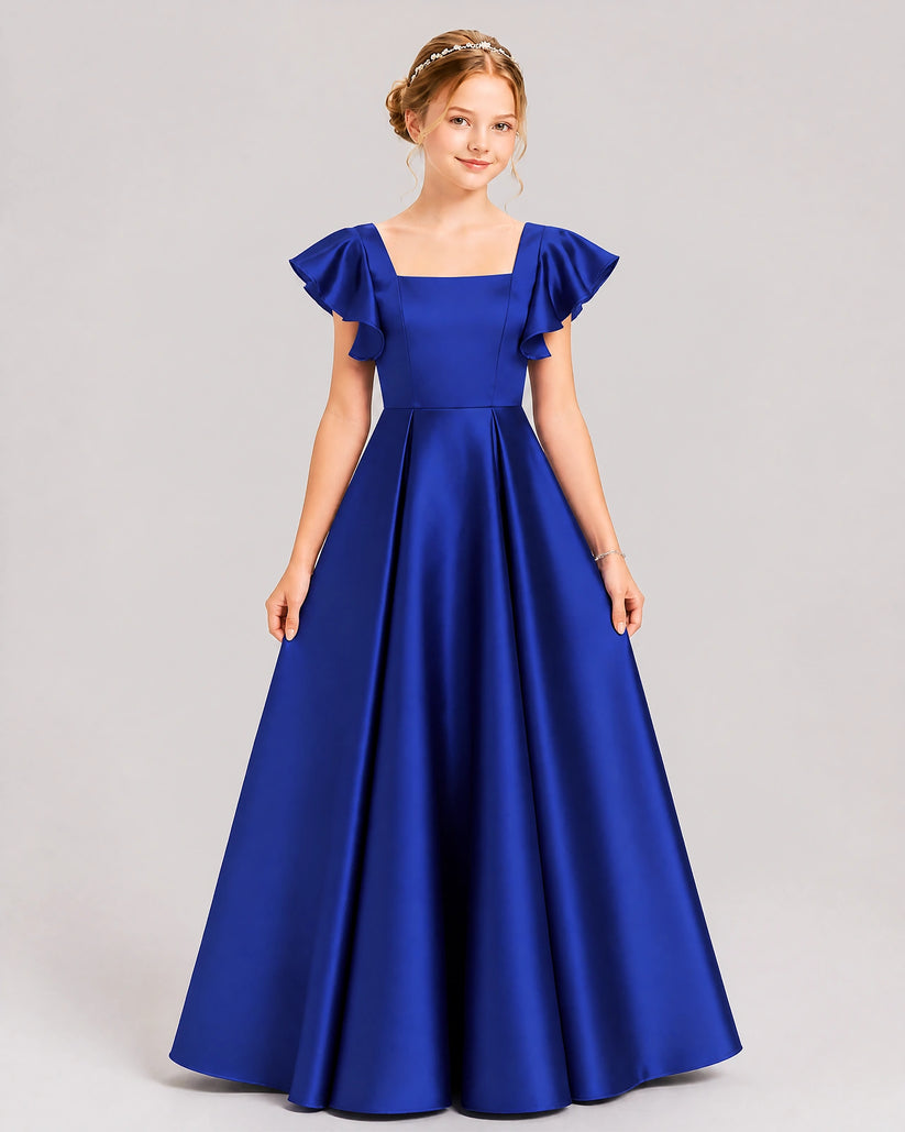 Royal Blue Satin A-line Junior Bridesmaid Dress Front View