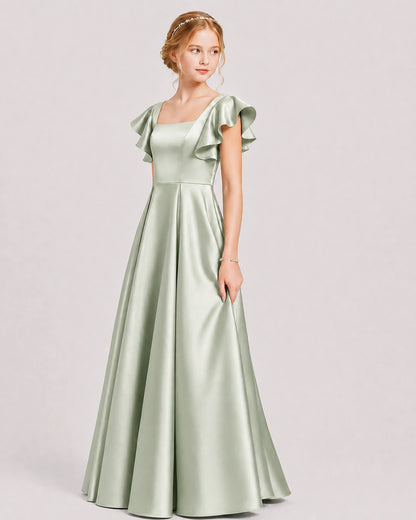Dideyttawl Sage Green Junior Bridesmaid Satin Dress Ruffle Sleeve Ball Gown