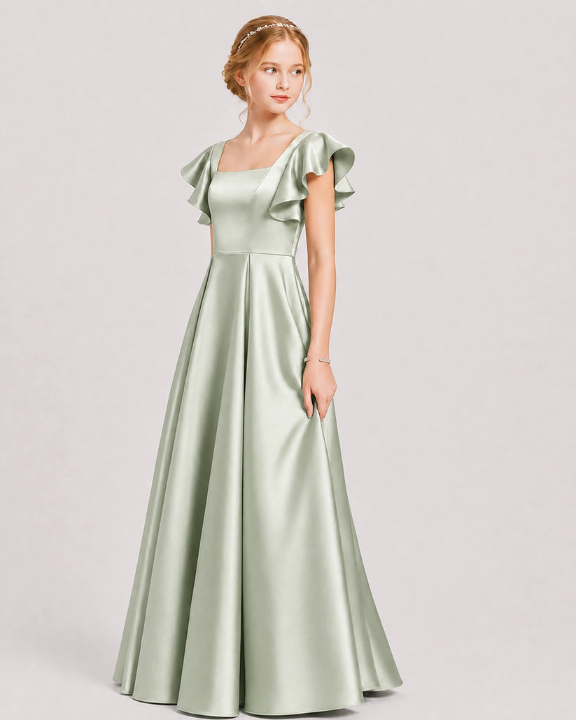 Sage Green Satin A-line Junior Bridesmaid Dress Front View