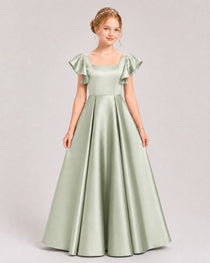 Dideyttawl Sage Green Junior Bridesmaid Satin Dress Ruffle Sleeve Ball Gown