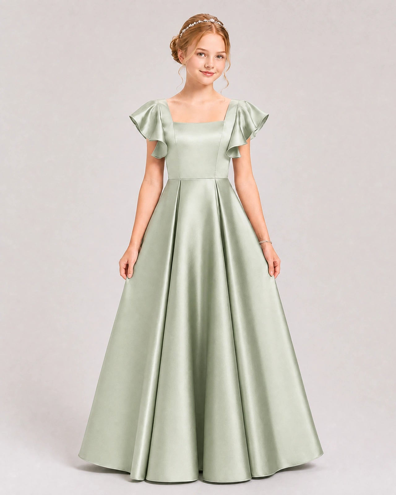 Dideyttawl Sage Green Junior Bridesmaid Satin Dress Ruffle Sleeve Ball Gown