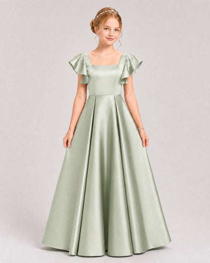 Dideyttawl Sage Green Junior Bridesmaid Satin Dress Ruffle Sleeve Ball Gown