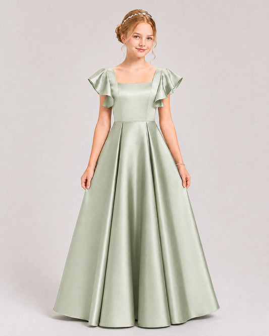 Sage Green Satin A-line Junior Bridesmaid Dress Front View