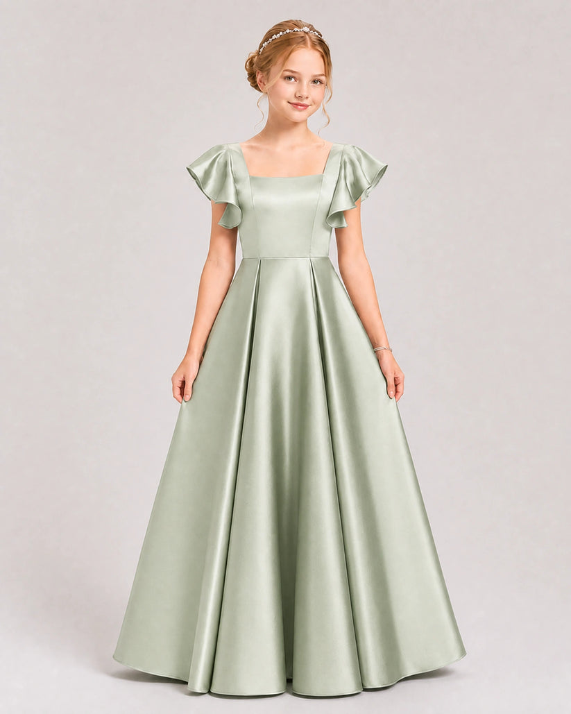 Sage Green Satin A-line Junior Bridesmaid Dress Front View
