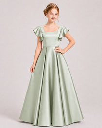 Dideyttawl Sage Green Junior Bridesmaid Satin Dress Ruffle Sleeve Ball Gown