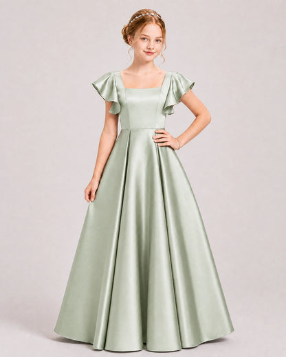 Dideyttawl Sage Green Junior Bridesmaid Satin Dress Ruffle Sleeve Ball Gown