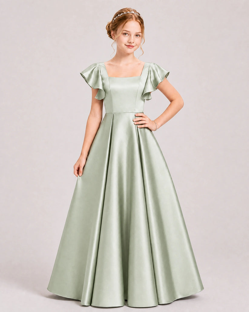 Sage Green Satin A-line Junior Bridesmaid Dress Front View