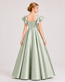 Dideyttawl Sage Green Junior Bridesmaid Satin Dress Ruffle Sleeve Ball Gown