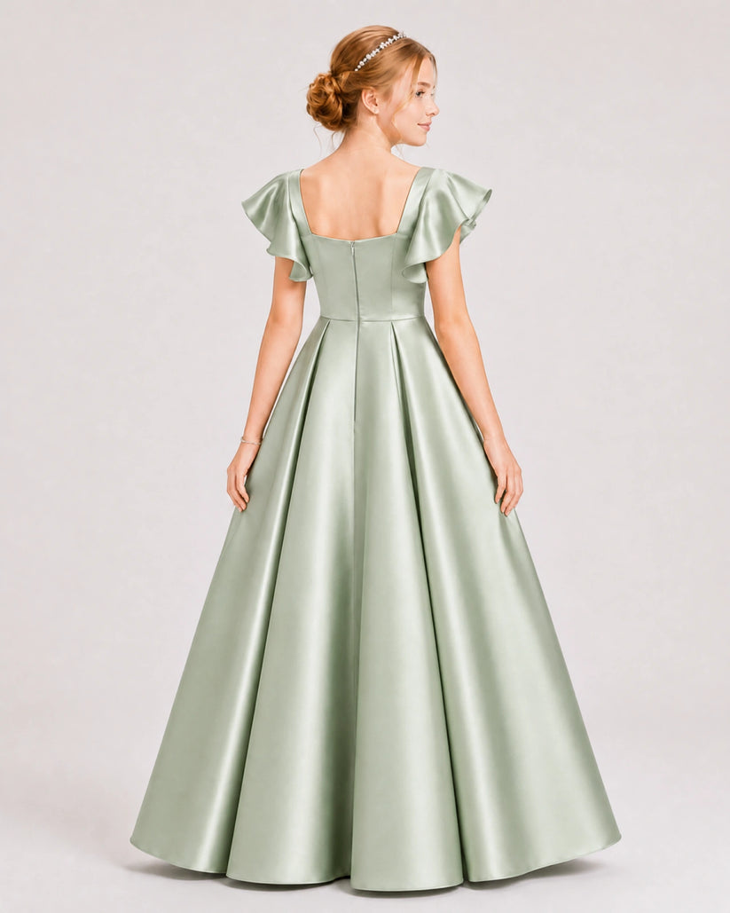 Sage Green Satin A-line Junior Bridesmaid Dress Back View