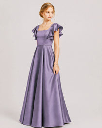 Dideyttawl Sage Green Junior Bridesmaid Satin Dress Ruffle Sleeve Ball Gown
