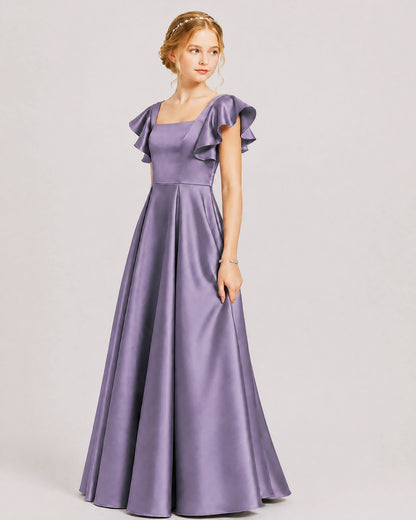 Dideyttawl Sage Green Junior Bridesmaid Satin Dress Ruffle Sleeve Ball Gown