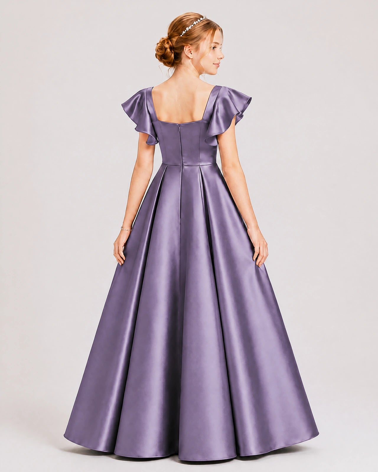 Dideyttawl Sage Green Junior Bridesmaid Satin Dress Ruffle Sleeve Ball Gown