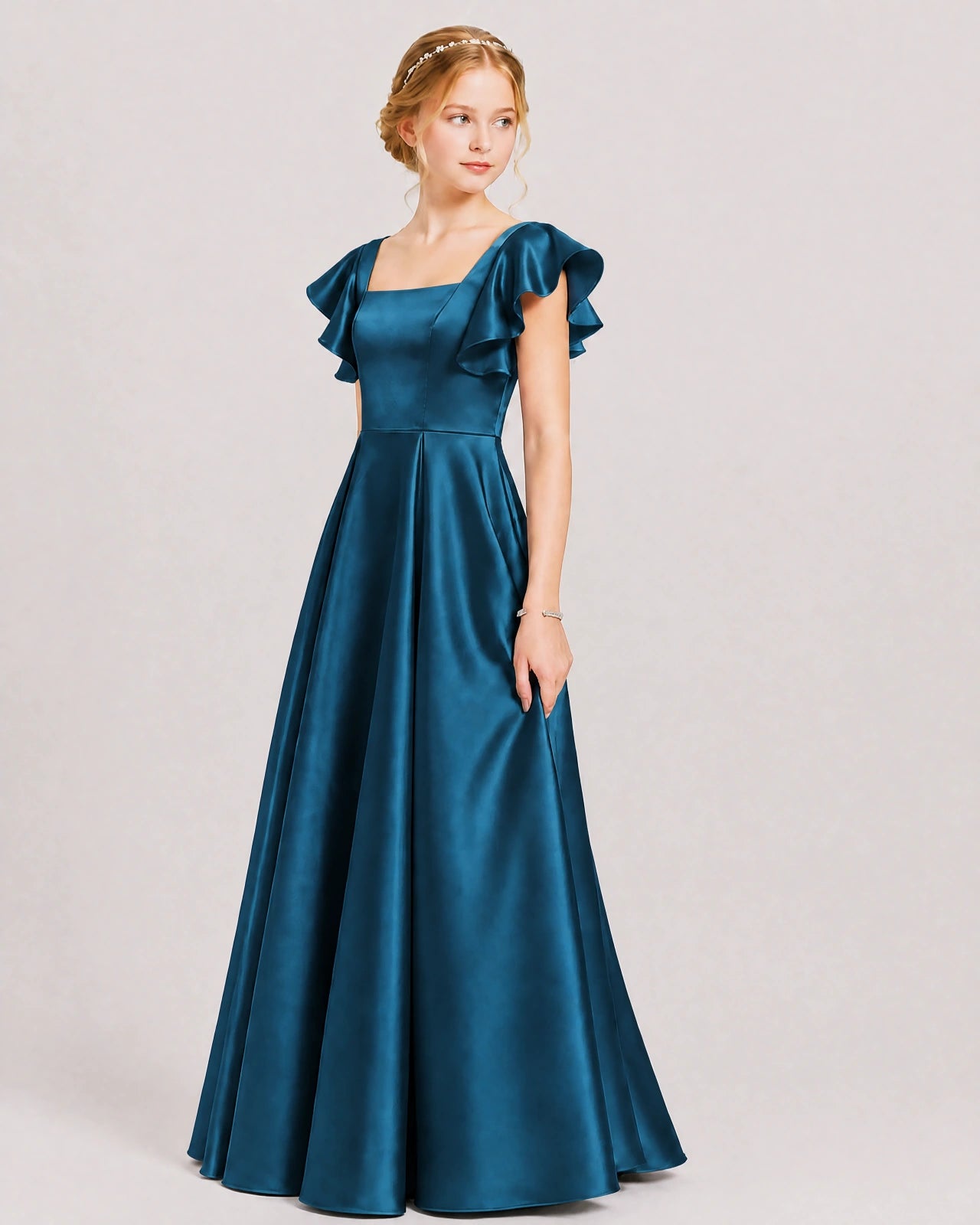 Dideyttawl Sage Green Junior Bridesmaid Satin Dress Ruffle Sleeve Ball Gown