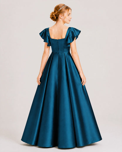 Dideyttawl Sage Green Junior Bridesmaid Satin Dress Ruffle Sleeve Ball Gown