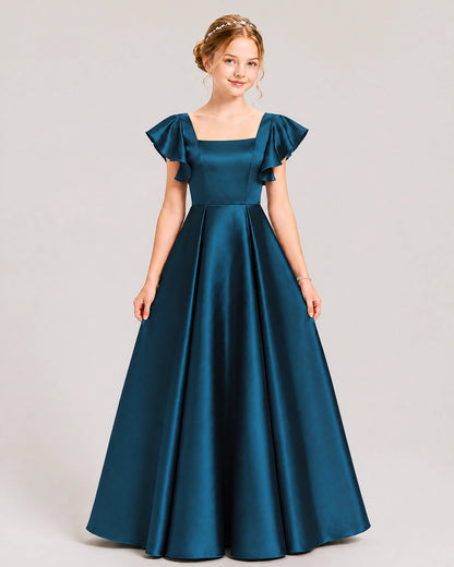 Dideyttawl Sage Green Junior Bridesmaid Satin Dress Ruffle Sleeve Ball Gown