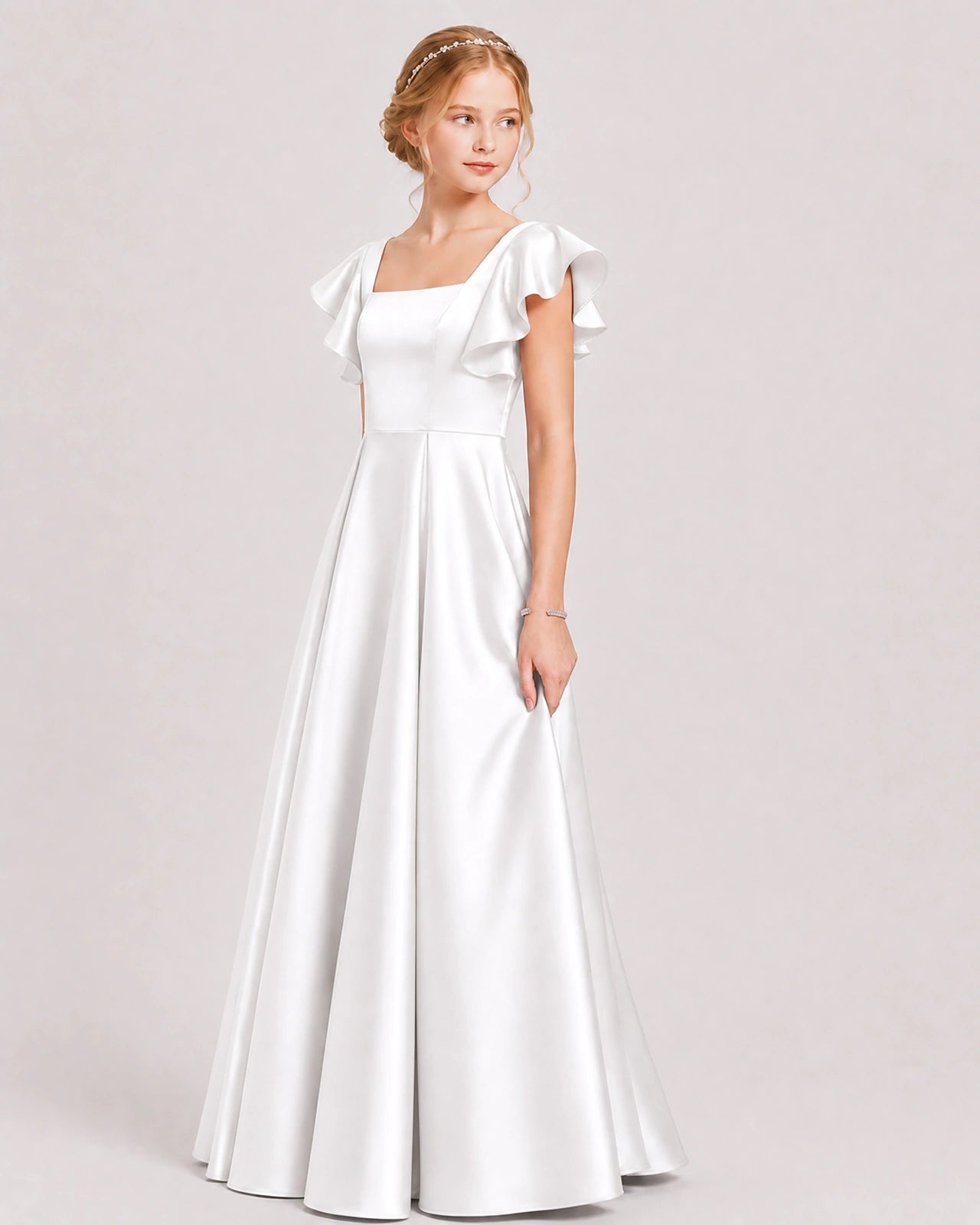 Dideyttawl Sage Green Junior Bridesmaid Satin Dress Ruffle Sleeve Ball Gown