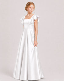 Dideyttawl Sage Green Junior Bridesmaid Satin Dress Ruffle Sleeve Ball Gown