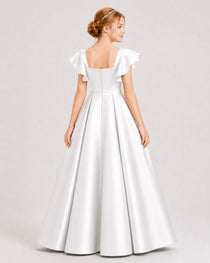 Dideyttawl Sage Green Junior Bridesmaid Satin Dress Ruffle Sleeve Ball Gown