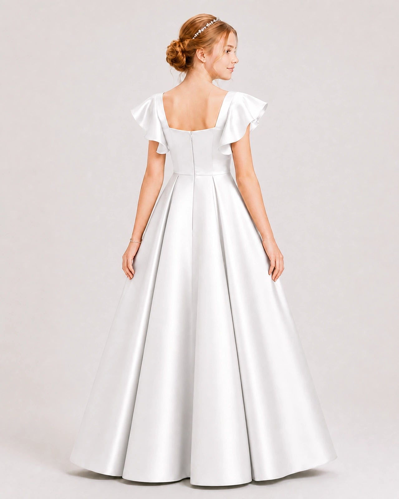 Dideyttawl Sage Green Junior Bridesmaid Satin Dress Ruffle Sleeve Ball Gown