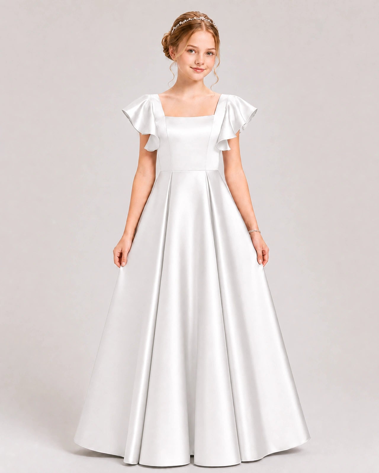 Dideyttawl Sage Green Junior Bridesmaid Satin Dress Ruffle Sleeve Ball Gown