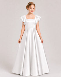Dideyttawl Sage Green Junior Bridesmaid Satin Dress Ruffle Sleeve Ball Gown