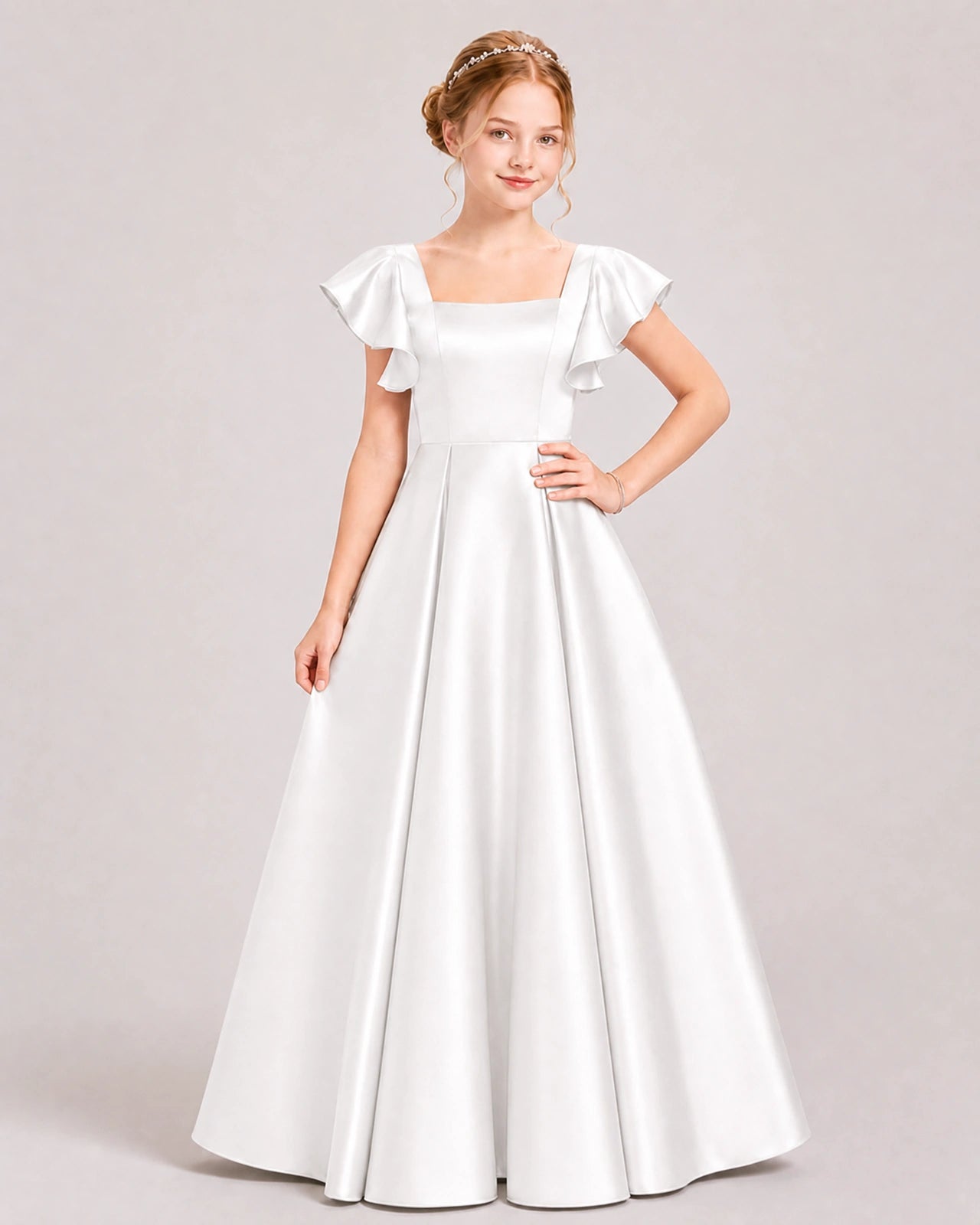 Dideyttawl Sage Green Junior Bridesmaid Satin Dress Ruffle Sleeve Ball Gown