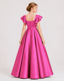 Dideyttawl Sage Green Junior Bridesmaid Satin Dress Ruffle Sleeve Ball Gown