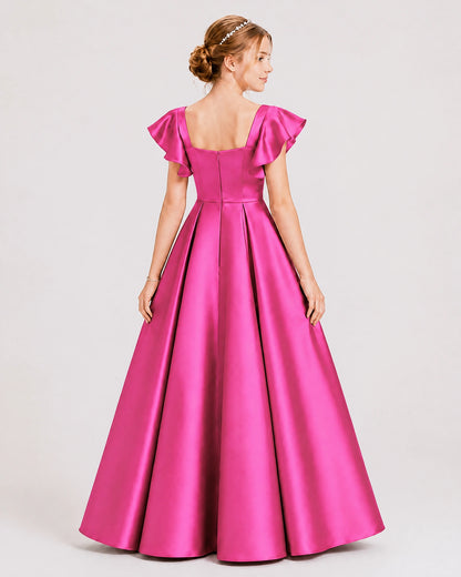 Dideyttawl Sage Green Junior Bridesmaid Satin Dress Ruffle Sleeve Ball Gown
