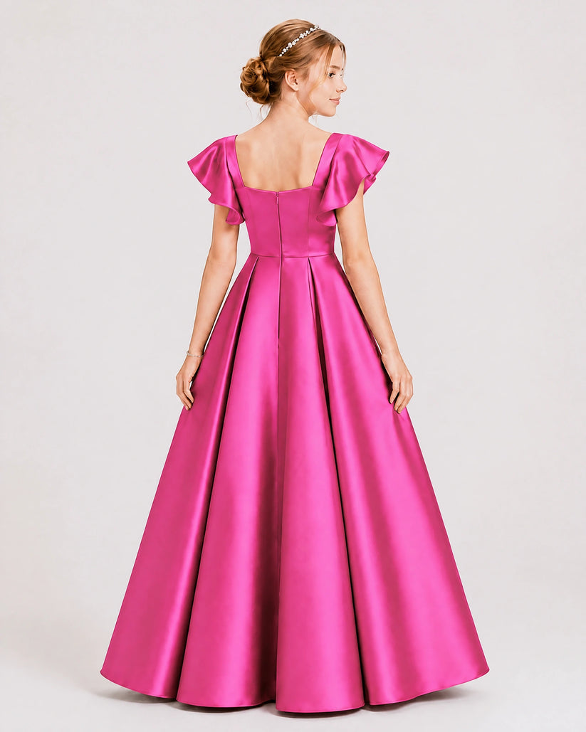 Hot Pink Satin A-line Junior Bridesmaid Dress Back View