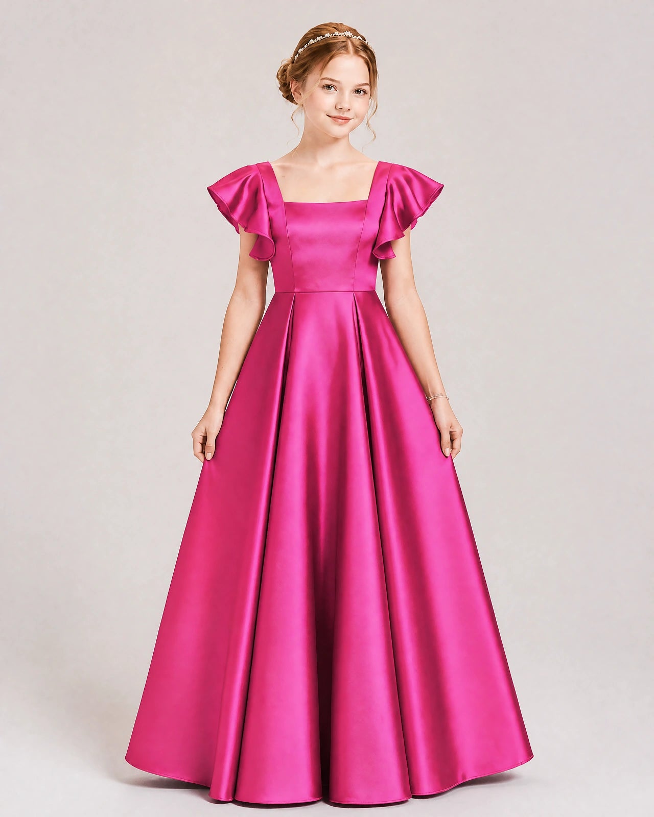 Dideyttawl Sage Green Junior Bridesmaid Satin Dress Ruffle Sleeve Ball Gown
