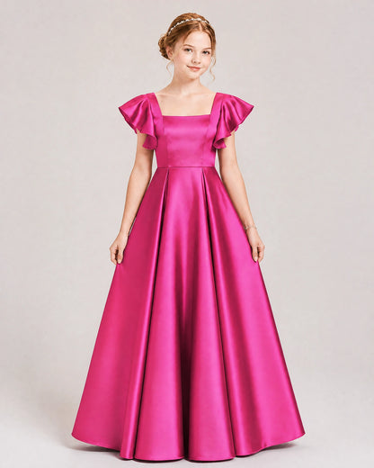 Dideyttawl Sage Green Junior Bridesmaid Satin Dress Ruffle Sleeve Ball Gown