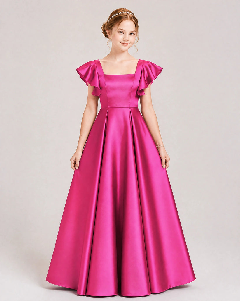 Hot Pink Satin A-line Junior Bridesmaid Dress Front View