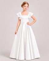 Ivory Satin A-line Junior Bridesmaid Dress Front View