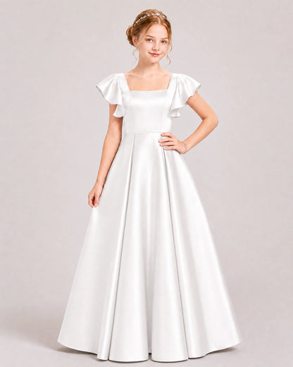 Ivory Satin A-line Junior Bridesmaid Dress Front View