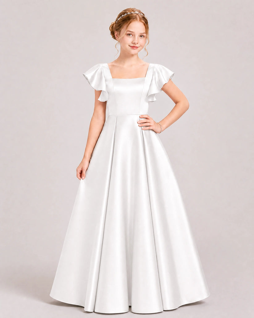 Ivory Satin A-line Junior Bridesmaid Dress Front View