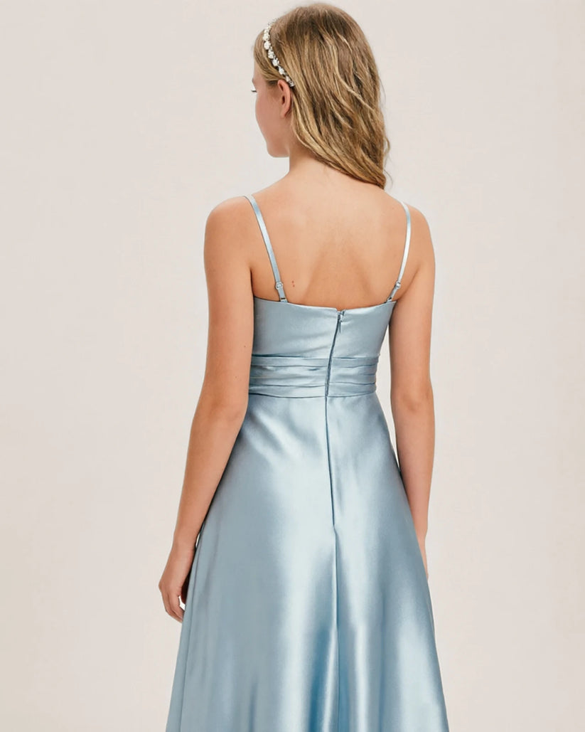 Dusty Blue Satin A-line Junior Bridesmaid Dress Back View