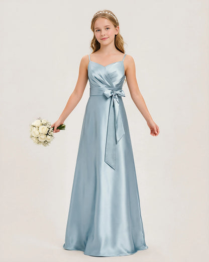 Dusty Blue Satin A-line Junior Bridesmaid Dress Front View