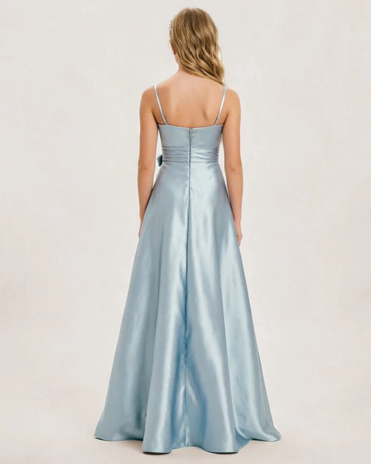 Dusty Blue Satin A-line Junior Bridesmaid Dress Back View