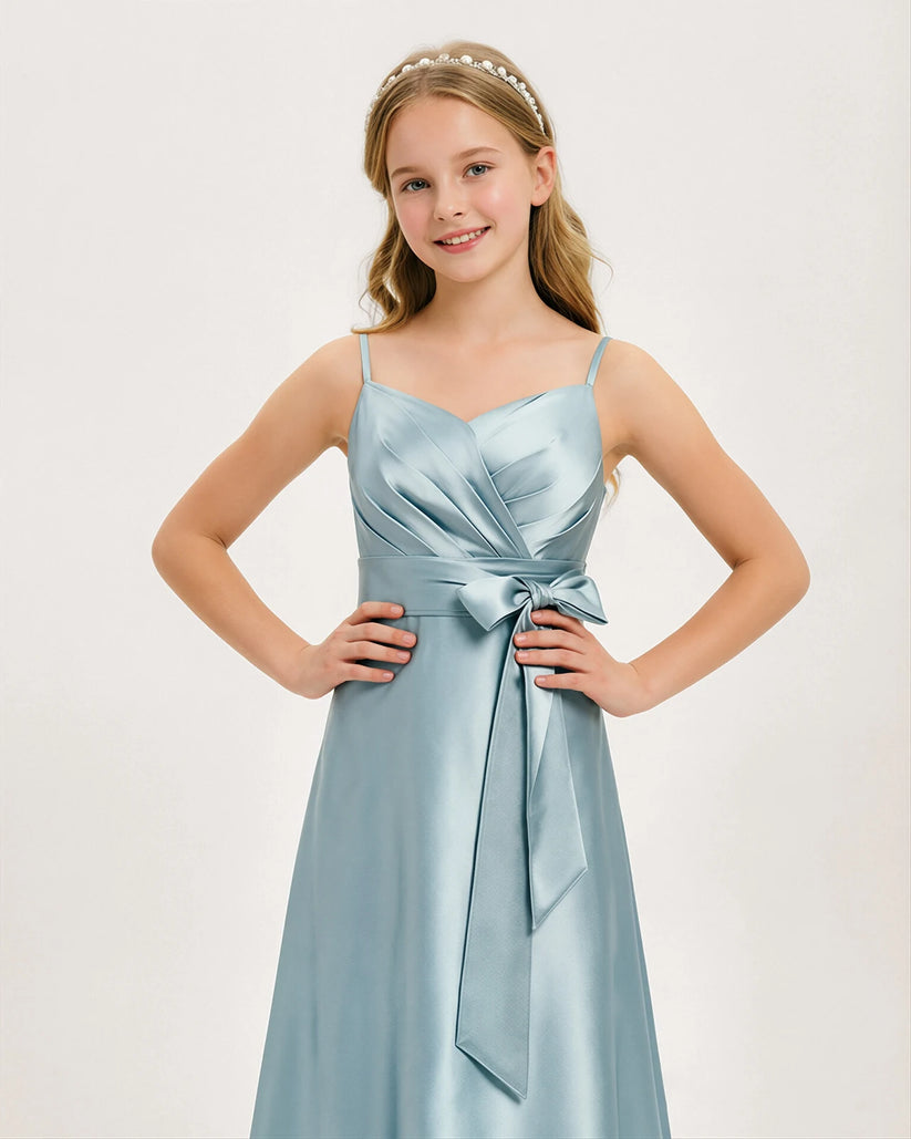 Dusty Blue Satin A-line Junior Bridesmaid Dress Front View