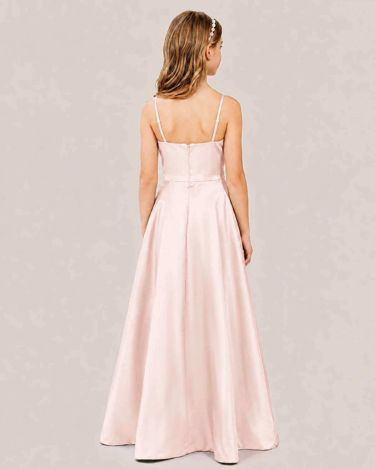 Blush Pink Satin A-line Junior Bridesmaid Dress Back View