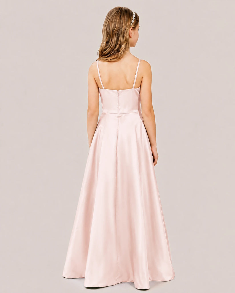 Blush Pink Satin A-line Junior Bridesmaid Dress Back View