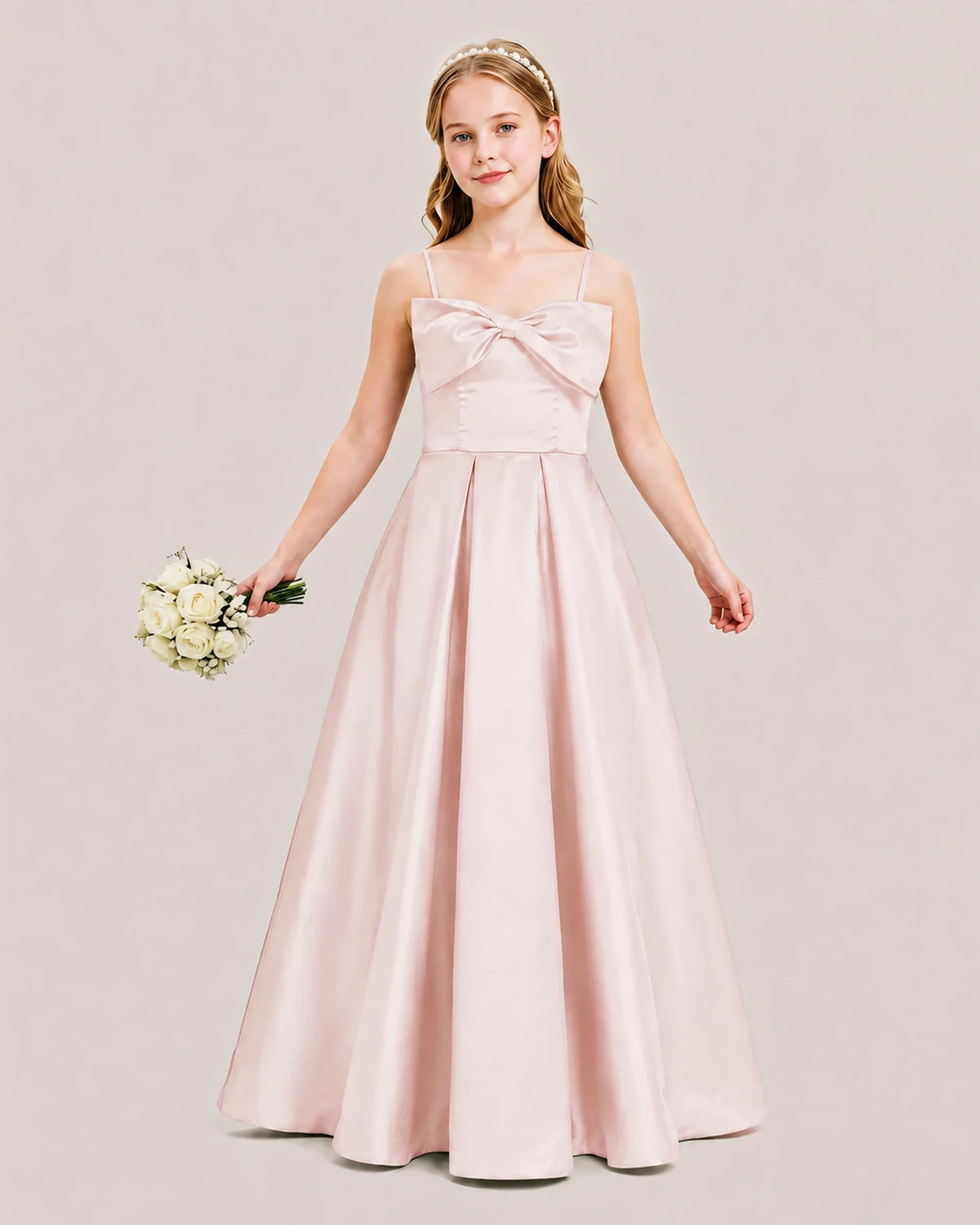 Blush Pink Satin A-line Junior Bridesmaid Dress Front View