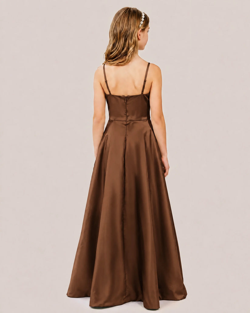 Chocolate Satin A-line Junior Bridesmaid Dress Back View